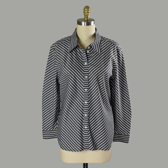 JAEGER ASYMMETRICAL STRIPED BUTTON UP LONG SLEEVE TOP - Picture 1 of 8